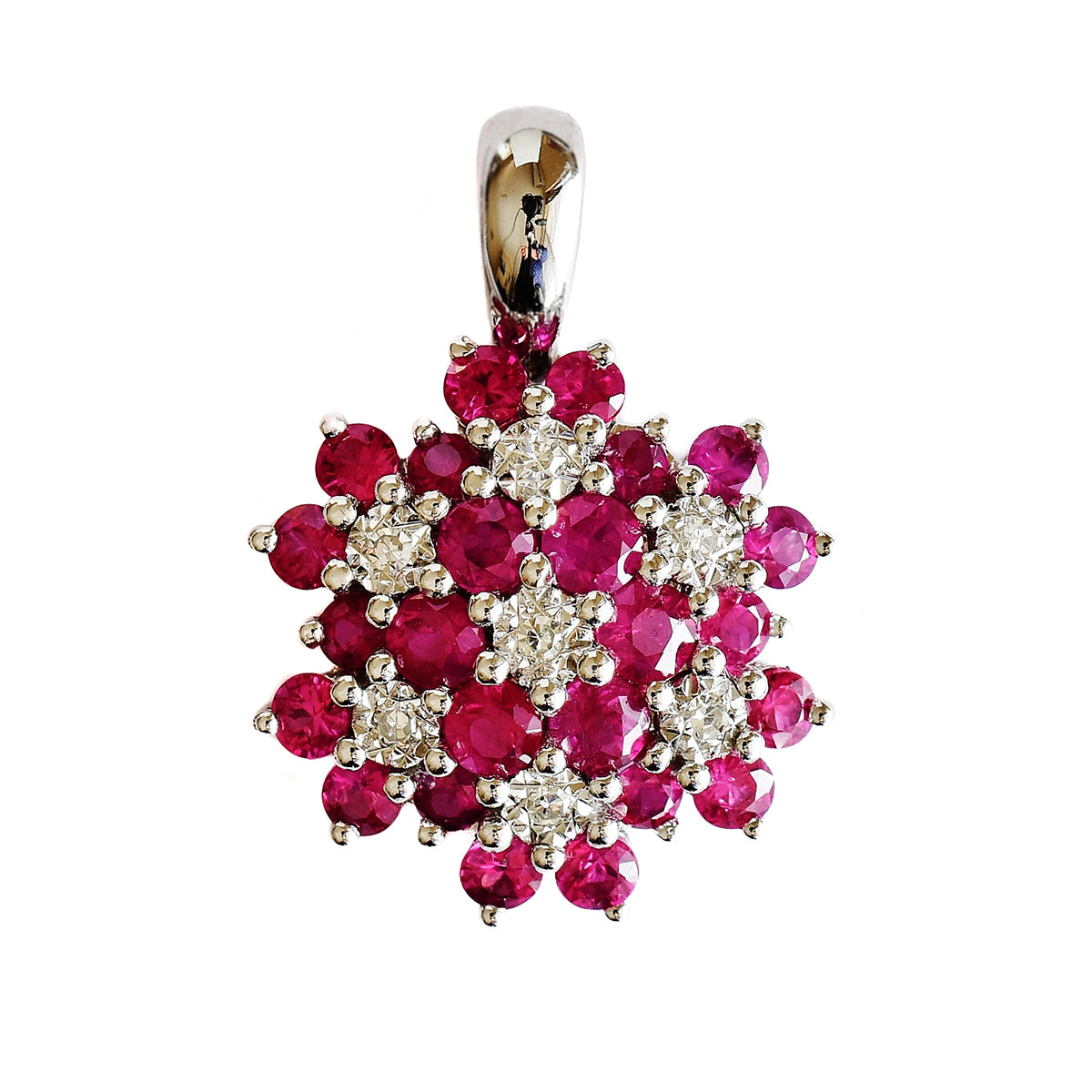 9K SOLID WHITE GOLD 0.85CT NATURAL RUBY CLUSTER PENDANT WITH SEVEN DIAMONDS.