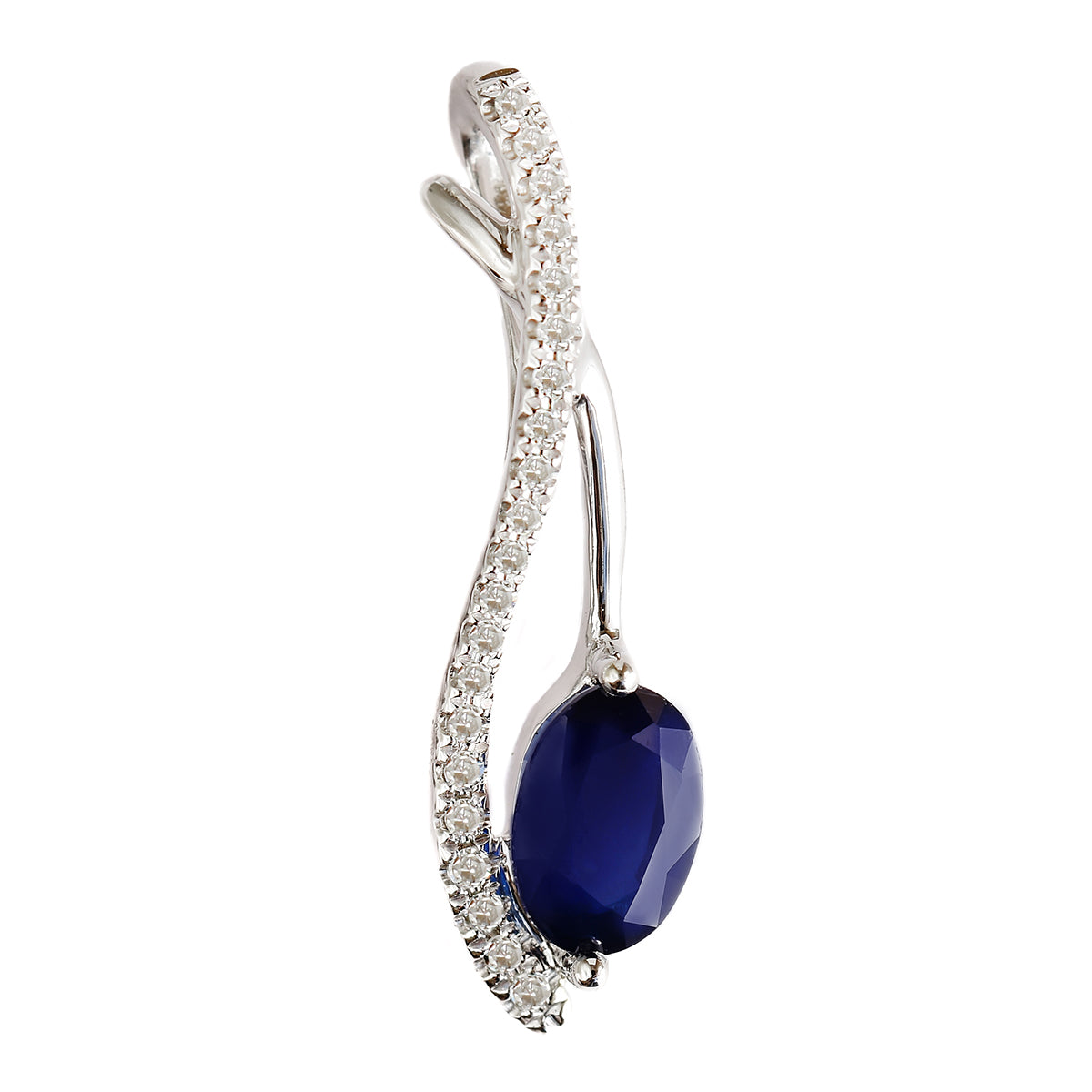 9K SOLID WHITE GOLD 0.60CT NATURAL BLUE SAPPHIRE PENDANT WITH TWENTY ONE DIAMONDS.