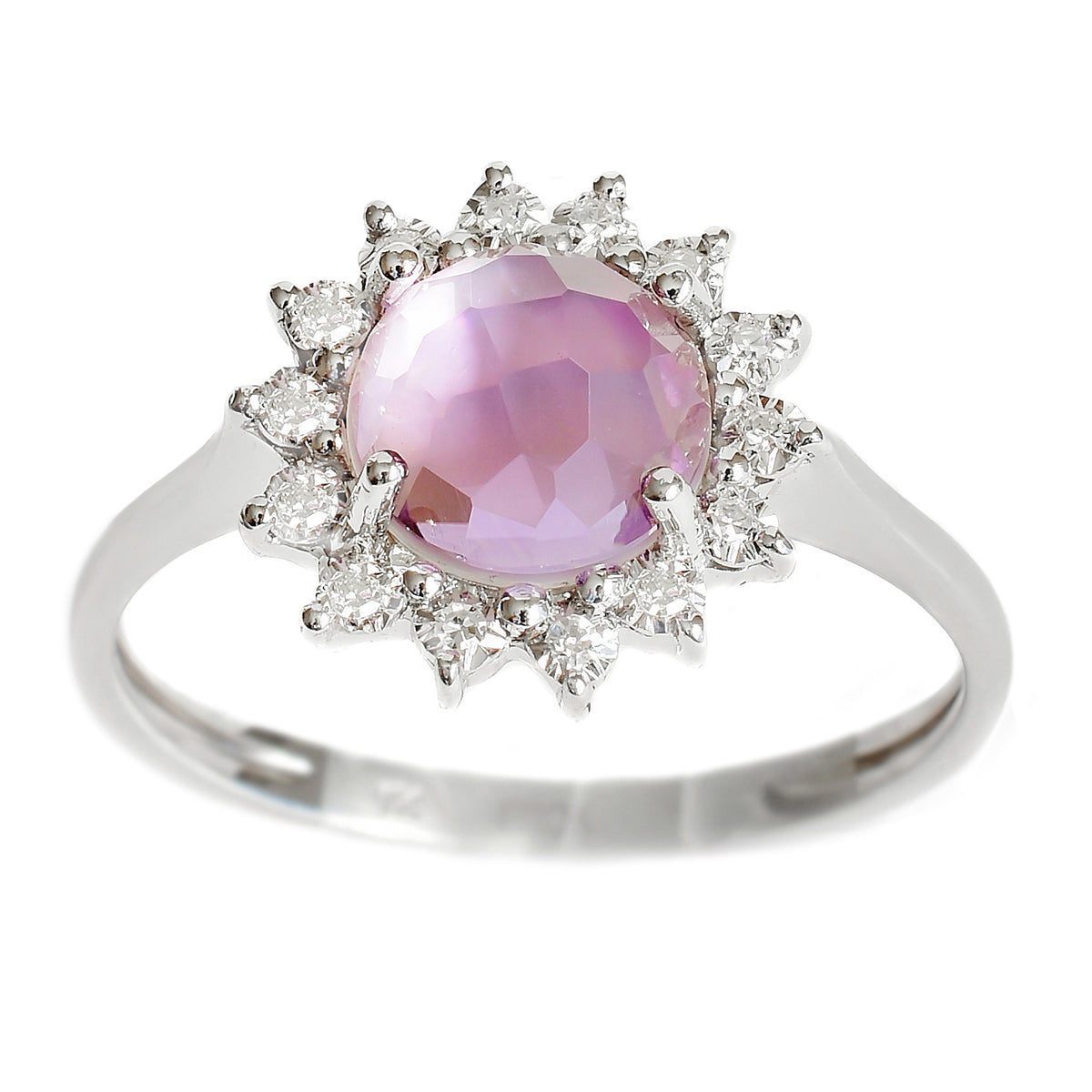 9K SOLID WHITE GOLD 1.40CT NATURAL DOME AMETHYST HALO RING WITH 14 DIAMONDS.