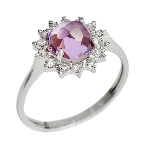9K SOLID WHITE GOLD 1.40CT NATURAL DOME AMETHYST HALO RING WITH 14 DIAMONDS.