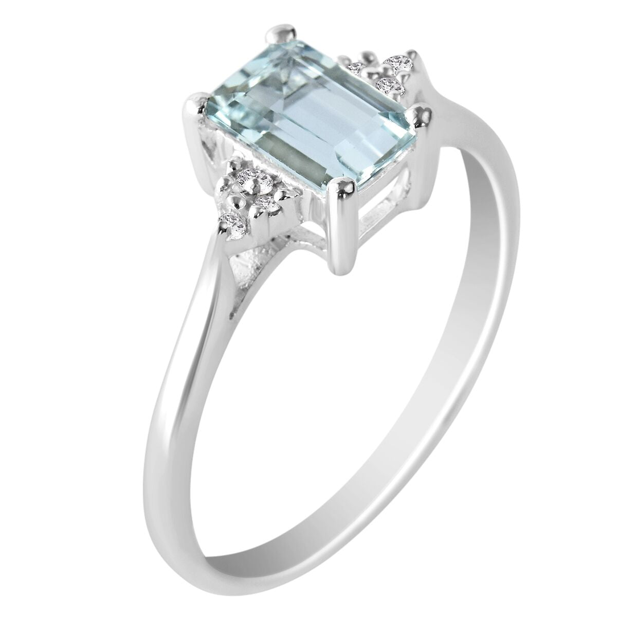 9K SOLID WHITE GOLD 0.90CT NATURAL EMERALD CUT AQUAMARINE + 6 DIAMOND RING.