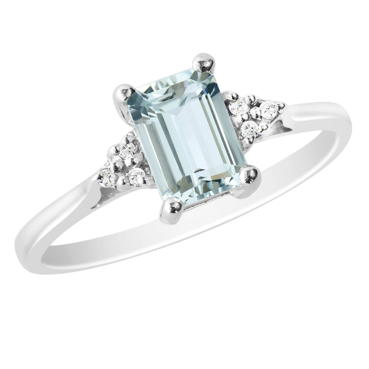 9K SOLID WHITE GOLD 0.90CT NATURAL EMERALD CUT AQUAMARINE + 6 DIAMOND RING.