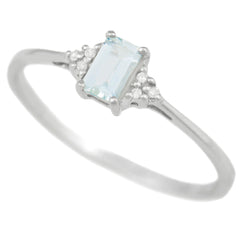 9K SOLID WHITE GOLD 0.30CT NATURAL EMERALD CUT AQUAMARINE + 6 DIAMOND RING.