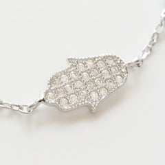 925 STERLING SILVER BRACELET WITH HAMSA HAND PAVED WITH CZ CRYSTALS AND TURKISH EVIL EYE CHARM.