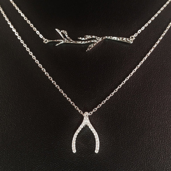 925 STERLING SILVER DOUBLE LAYER NECKLACE WITH CRYSTAL WISHBONE AND TREE BRANCH PENDANT.