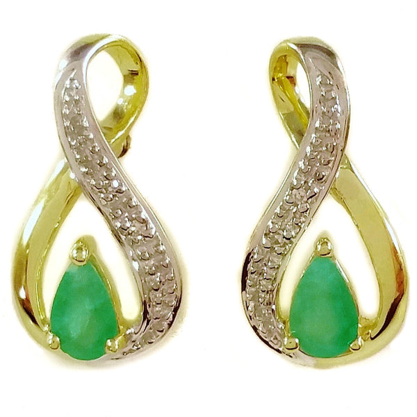 9K SOLID GOLD 0.40CT NATURAL EMERALD STUD EARRINGS WITH FOUR DIAMONDS.