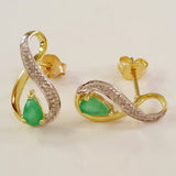 9K SOLID GOLD 0.40CT NATURAL EMERALD STUD EARRINGS WITH FOUR DIAMONDS.