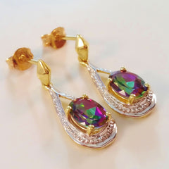 9K SOLID GOLD 1.85CT MYSTIC TOPAZ AND DIAMOND EARRINGS.