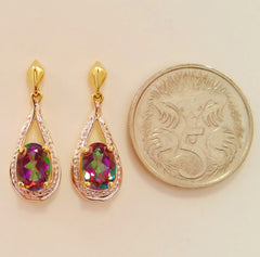 9K SOLID GOLD 1.85CT MYSTIC TOPAZ AND DIAMOND EARRINGS.