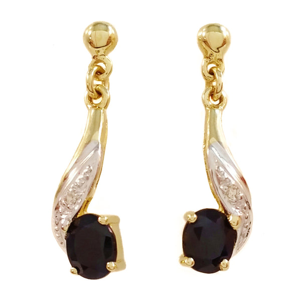 9K SOLID GOLD 1.15CT NATURAL BLACK SAPPHIRE AND DIAMOND DROP EARRINGS.