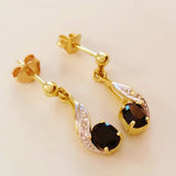 9K SOLID GOLD 1.15CT NATURAL BLACK SAPPHIRE AND DIAMOND DROP EARRINGS.