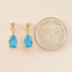 9K SOLID GOLD 2.10CT SWISS BLUE TOPAZ AND DIAMOND EARRINGS.