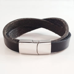 MEN'S LAYERED FULL GRAIN COW HIDE LEATHER BRACELET WITH STAINLESS STEEL CLASP.