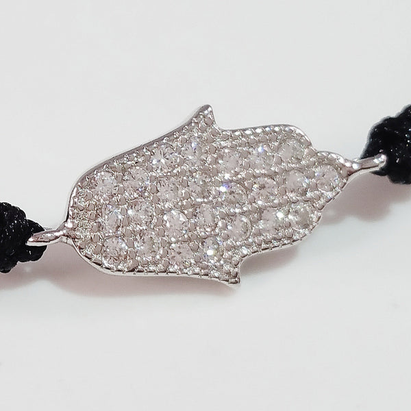 925 STERLING SILVER CZ CRYSTAL HAMSA HAND ON THREADED BRAIDED BRACELET.