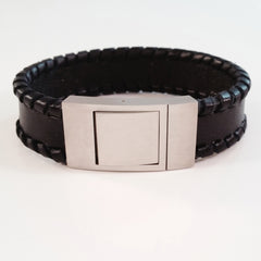 MEN'S BLACK OUTER BRAIDED COW HIDE LEATHER BRACELET WITH BRUSHED STAINLESS STEEL CLASP