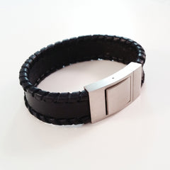 MEN'S BLACK OUTER BRAIDED COW HIDE LEATHER BRACELET WITH BRUSHED STAINLESS STEEL CLASP