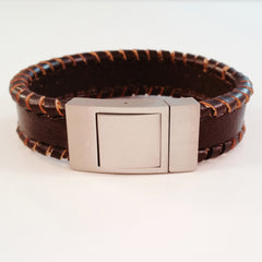 MEN'S BROWN OUTER BRAIDED COW HIDE LEATHER BRACELET WITH BRUSHED STAINLESS STEEL CLASP
