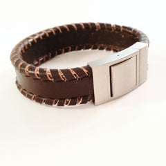 MEN'S BROWN OUTER BRAIDED COW HIDE LEATHER BRACELET WITH BRUSHED STAINLESS STEEL CLASP