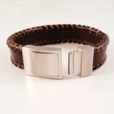 MEN'S BROWN OUTER BRAIDED COW HIDE LEATHER BRACELET WITH BRUSHED STAINLESS STEEL CLASP