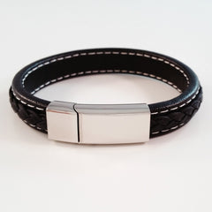 MEN'S BLACK COW HIDE LEATHER BRACELET WITH POLISHED STAINLESS STEEL CLASP