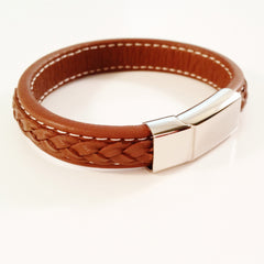 MEN'S BROWN COW HIDE LEATHER BRACELET WITH POLISHED STAINLESS STEEL CLASP