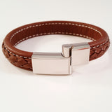 MEN'S BROWN COW HIDE LEATHER BRACELET WITH POLISHED STAINLESS STEEL CLASP