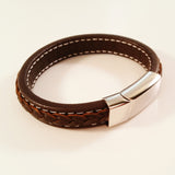 MEN'S DARK BROWN COW HIDE LEATHER BRACELET WITH POLISHED STAINLESS STEEL CLASP