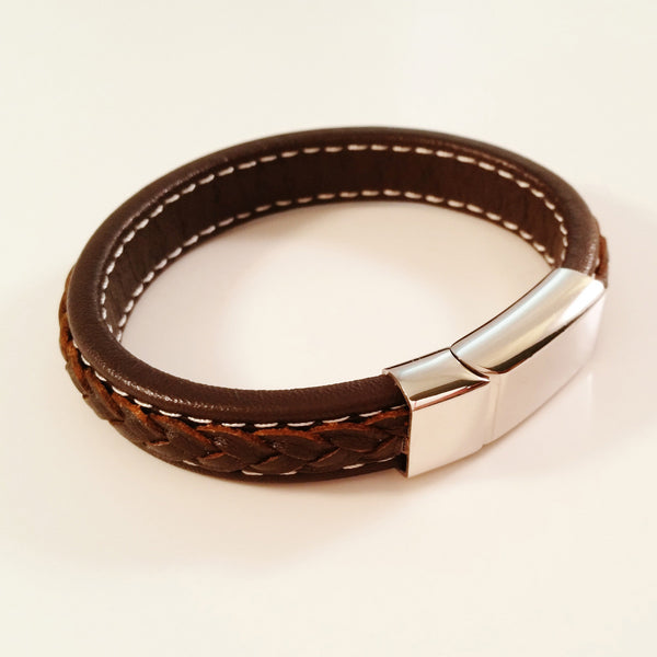 MEN'S DARK BROWN COW HIDE LEATHER BRACELET WITH POLISHED STAINLESS STEEL CLASP