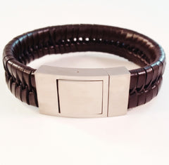 MEN'S BROWN BRAIDED COW HIDE LEATHER BRACELET WITH BRUSHED STAINLESS STEEL CLASP