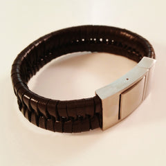 MEN'S BROWN BRAIDED COW HIDE LEATHER BRACELET WITH BRUSHED STAINLESS STEEL CLASP