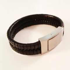 MEN'S BLACK BRAIDED COW HIDE LEATHER BRACELET WITH BRUSHED STAINLESS STEEL CLASP