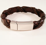 MEN'S BROWN BRAIDED WRAP COW HIDE LEATHER BRACELET WITH POLISHED STAINLESS STEEL CLASP
