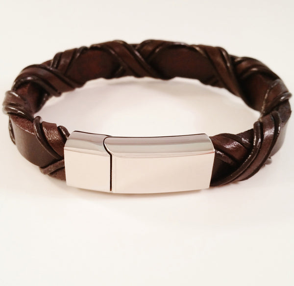 MEN'S BROWN BRAIDED WRAP COW HIDE LEATHER BRACELET WITH POLISHED STAINLESS STEEL CLASP