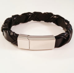 MEN'S BLACK BRAIDED WRAP COW HIDE LEATHER BRACELET WITH POLISHED STAINLESS STEEL CLASP