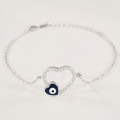 925 STERLING SILVER BRACELET WITH OPEN HEART EVIL EYE CHARM PAVED WITH  SPARKLING CZ CRYSTALS.