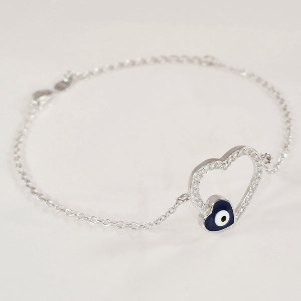 925 STERLING SILVER BRACELET WITH OPEN HEART EVIL EYE CHARM PAVED WITH  SPARKLING CZ CRYSTALS.