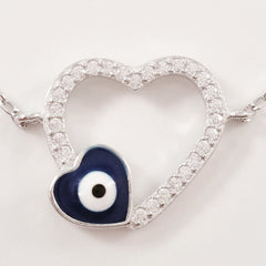925 STERLING SILVER BRACELET WITH OPEN HEART EVIL EYE CHARM PAVED WITH  SPARKLING CZ CRYSTALS.