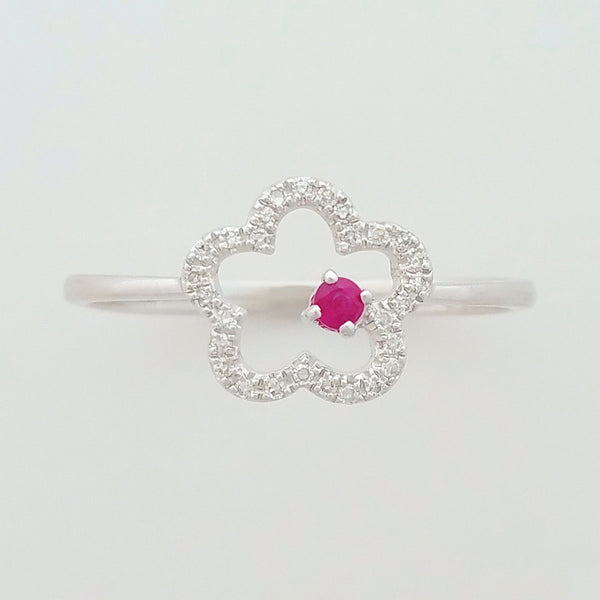 9K SOLID WHITE GOLD 0.05CT NATURAL RUBY RING WITH 28 DIAMONDS.
