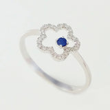 9K SOLID WHITE GOLD 0.05CT NATURAL SAPPHIRE RING WITH 28 DIAMONDS.