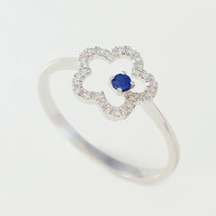 9K SOLID WHITE GOLD 0.05CT NATURAL SAPPHIRE RING WITH 28 DIAMONDS.