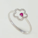 9K SOLID WHITE GOLD 0.05CT NATURAL RUBY RING WITH 28 DIAMONDS.