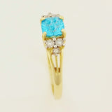 9K SOLID YELLOW GOLD 0.60CT NATURAL BLUE TOPAZ RING WITH 6 DIAMONDS.