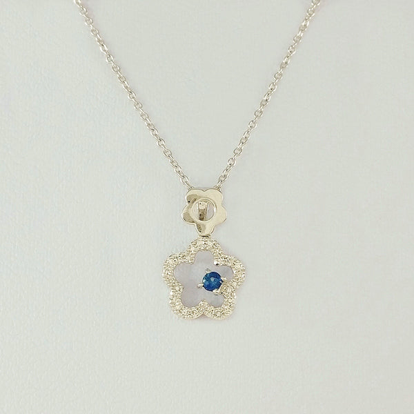 9K SOLID WHITE GOLD 45CM NECKLACE WITH NATURAL SAPPHIRE AND 25 DIAMOND PENDANT.