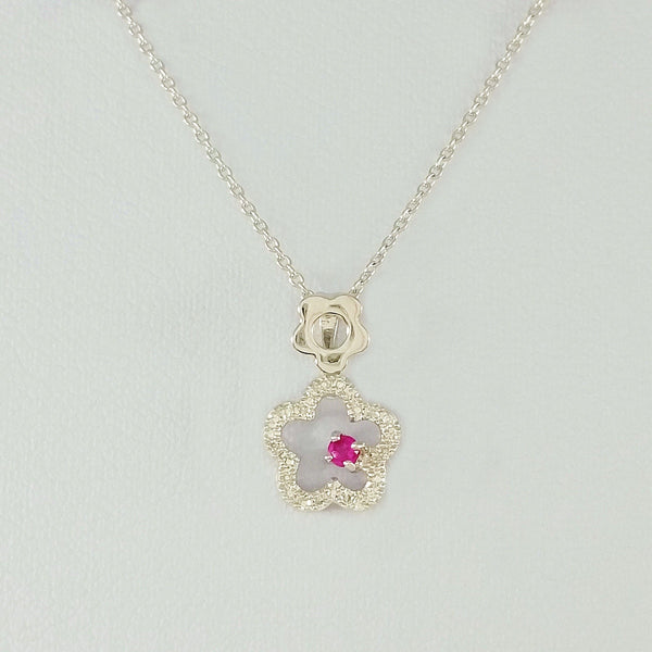 9K SOLID WHITE GOLD 45CM NECKLACE WITH NATURAL RUBY AND 25 DIAMOND PENDANT.