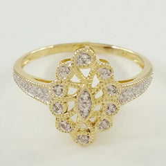 9K SOLID GOLD ART DECO INSPIRED NAVETTE RING WITH 12 DIAMONDS.