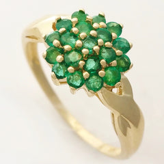HANDMADE 9K SOLID YELLOW GOLD NATURAL 19 EMERALD CLUSTER RING.