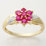 9K SOLID GOLD 0.65CT NATURAL RUBY CLUSTER RING WITH 2 DIAMONDS.