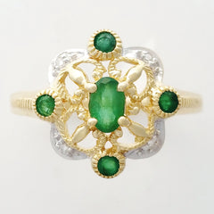 9K SOLID GOLD 0.40CT NATURAL EMERALD VINTAGE STYLE RING WITH 4 DIAMONDS.