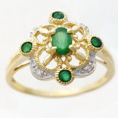 9K SOLID GOLD 0.40CT NATURAL EMERALD VINTAGE STYLE RING WITH 4 DIAMONDS.