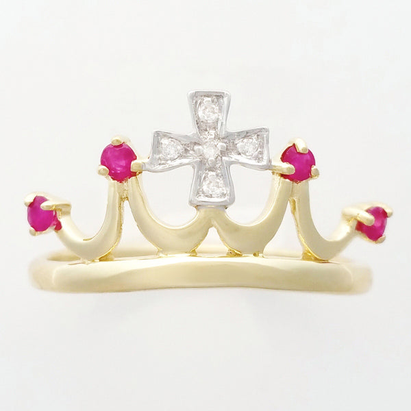 9K SOLID 0.15CT NATURAL RUBY QUEEN CROWN RING WITH 5 DIAMONDS.